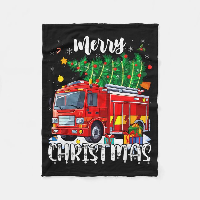 Merry Christmas Tree Firetruck Pajama Firefighter  Fleece Blanket (Front)