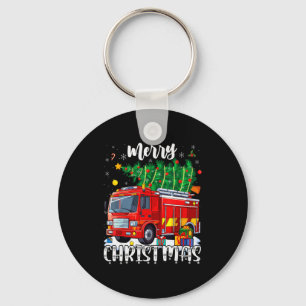 Merry Christmas Tree Firetruck Pajama Firefighter Key Ring