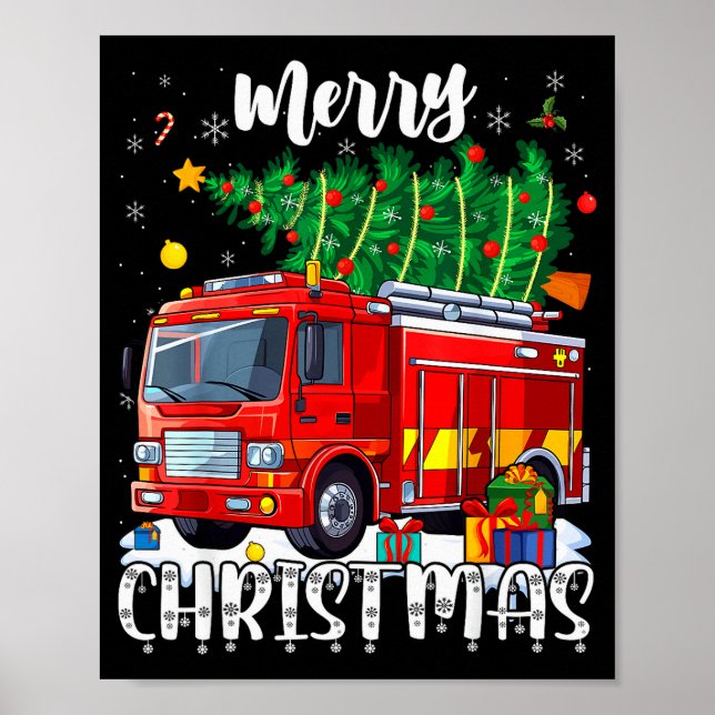 Merry Christmas Tree Firetruck Pajama Firefighter  Poster (Front)