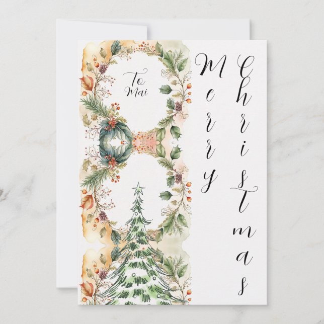Merry Christmas Tree Floral Holiday Greeting Card (Front)