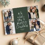 Merry Christmas tree fun four photo green Holiday Card<br><div class="desc">We wish you a Merry Christmas! This holiday photo card features a classic message in a fun Christmas tree shape on a green background. With four photos on the front, it's a great way to send Christmas cheer to friends and family. The playful type treatment is shaped like a Christmas...</div>