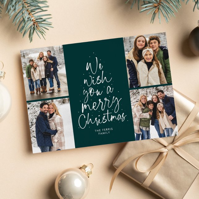 Merry Christmas tree fun photo collage dark green Holiday Card (Creator Uploaded)