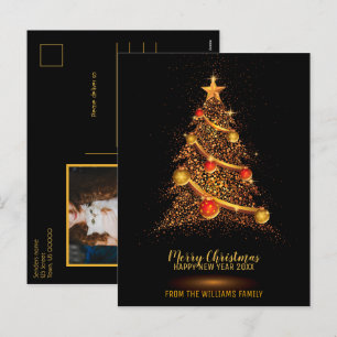 Merry Christmas Tree Glitter Black Family Photo Holiday Postcard