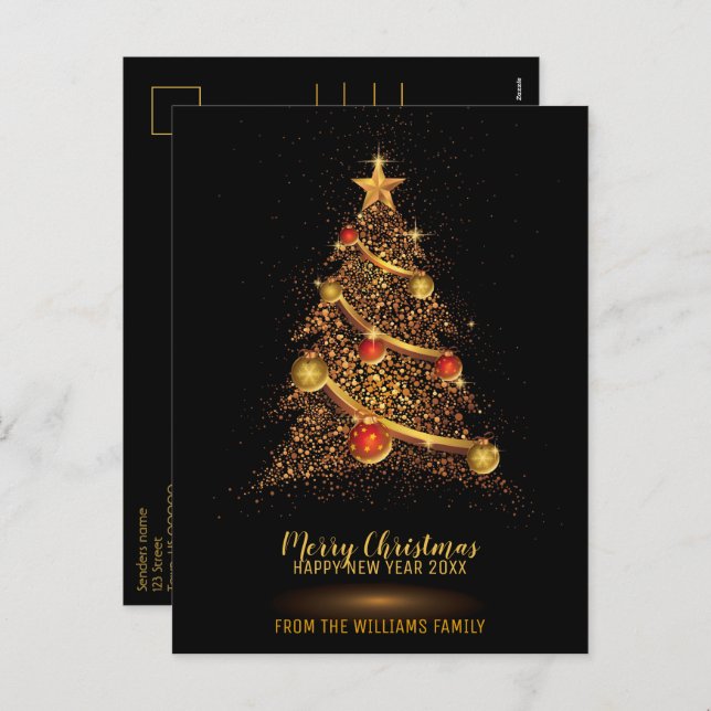 Merry Christmas Tree Glitter Black Family Photo Holiday Postcard (Front/Back)