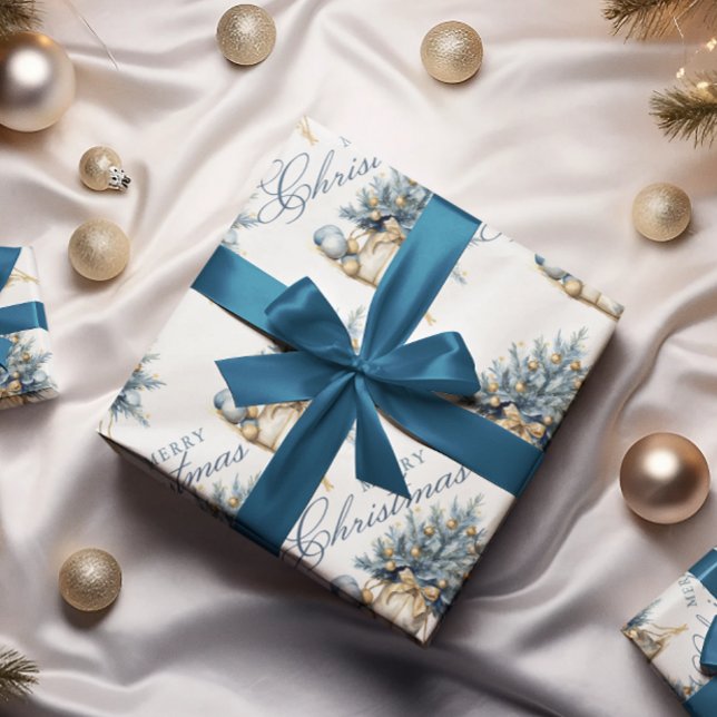 Merry Christmas Tree Gold Blue Calligraphy Wrapping Paper (Creator Uploaded)