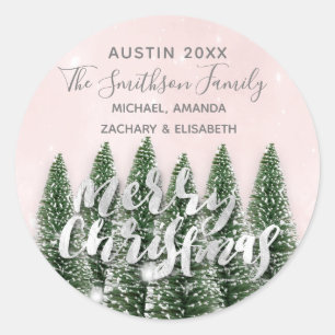 Merry Christmas Tree Gold Pink Winter Lights Snow Classic Round Sticker