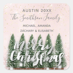 Merry Christmas Tree Gold Pink Winter Lights Snow Square Sticker