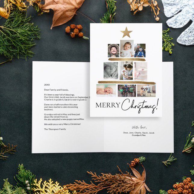 Merry Christmas Tree Gold star Photo Collage Holiday Card (Merry Christmas family photo Tree with gold star. Year in review letter and personal message.)