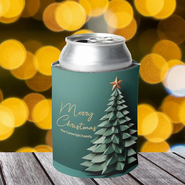 Merry Christmas Tree Gorgeous Green Gold Party Can Cooler (Creator Uploaded)