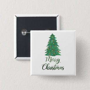 Merry christmas tree- green glitter 15 cm square badge