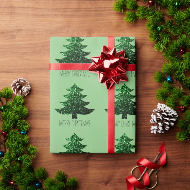 Merry Christmas tree green pattern custom text Wrapping Paper (Holiday Gift)