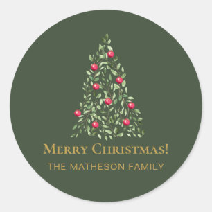 Merry Christmas Tree green red elegant family Classic Round Sticker