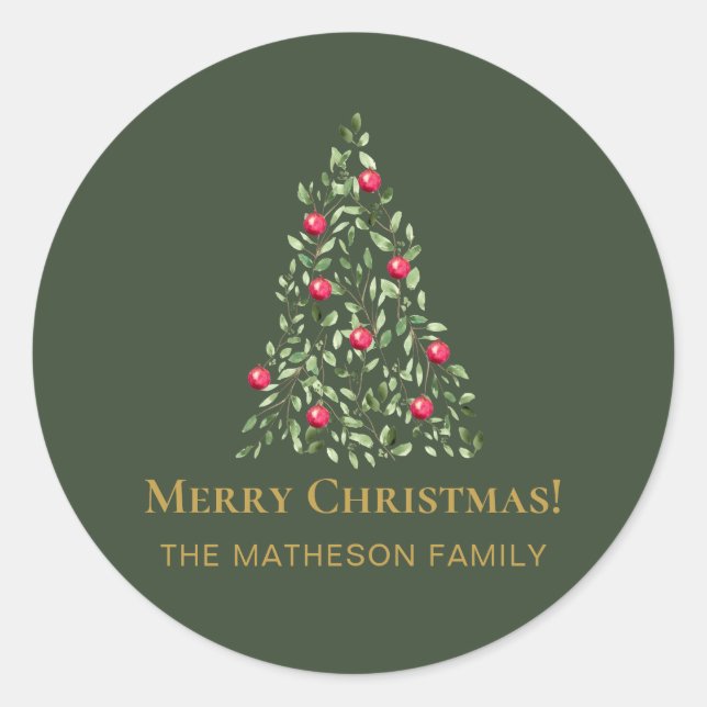 Merry Christmas Tree green red elegant family  Classic Round Sticker (Front)