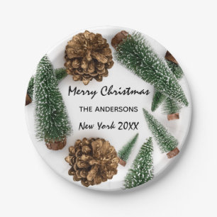 Merry Christmas Tree Green White Snow Minimal Paper Plate