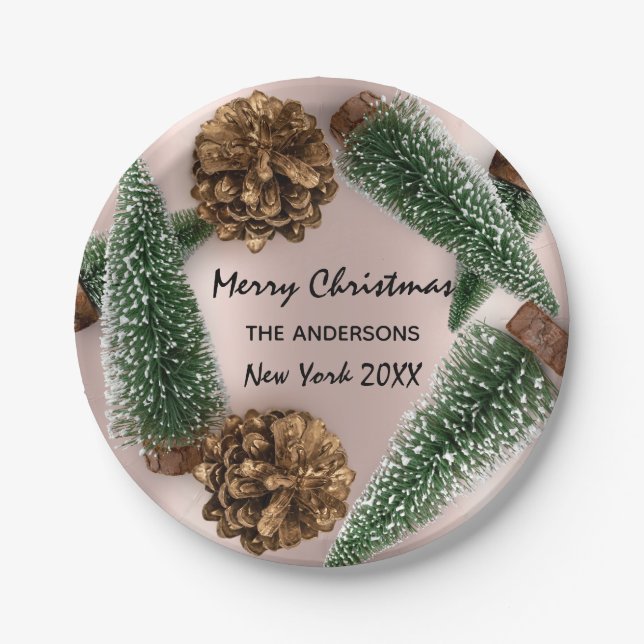 Merry Christmas Tree Green White Snow Rose Paper Plate (Front)
