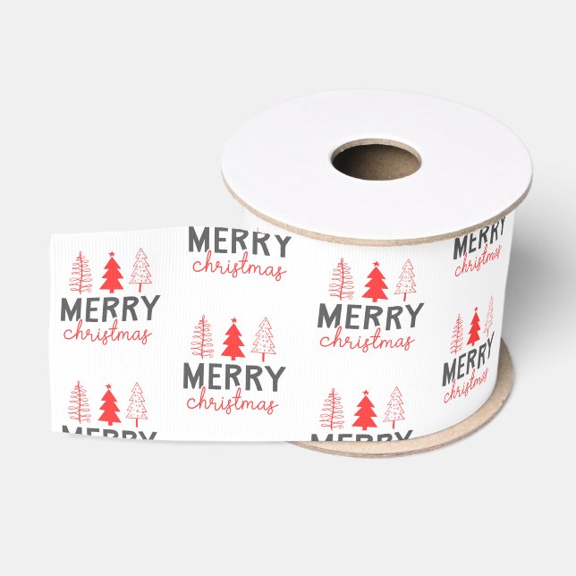 Merry Christmas Tree Grey Red Grosgrain Ribbon (Spool)