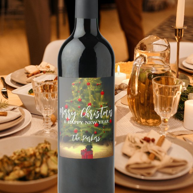 Merry Christmas Tree Happy New Year Family Name Wine Label (Creator Uploaded)