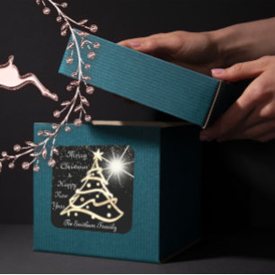 Merry Christmas Tree Happy New Year Gold Black Square Sticker
