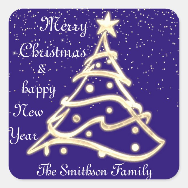 Merry Christmas Tree Happy New Year Gold Navy Square Sticker (Front)