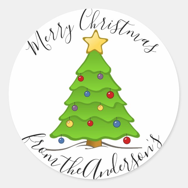 Merry Christmas Tree Holiday Classic Round Sticker (Front)