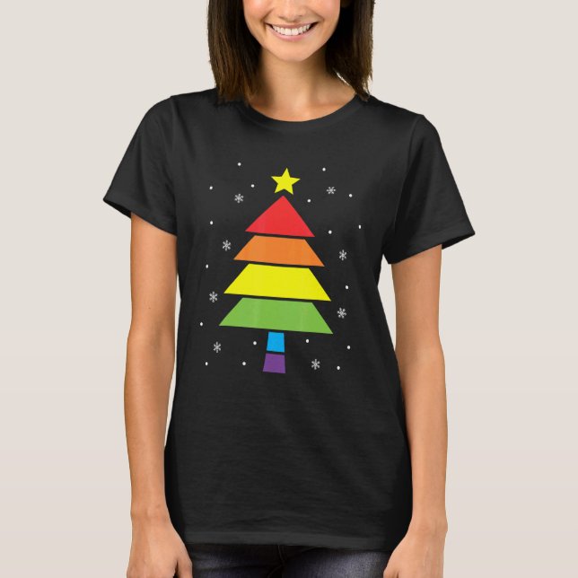 Merry Christmas Tree Holiday Rainbow LGBTQ Gay Pri T-Shirt (Front)