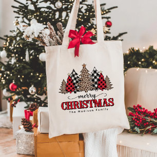 Merry Christmas Tree Leopard & Buffalo Plaid Tote Bag
