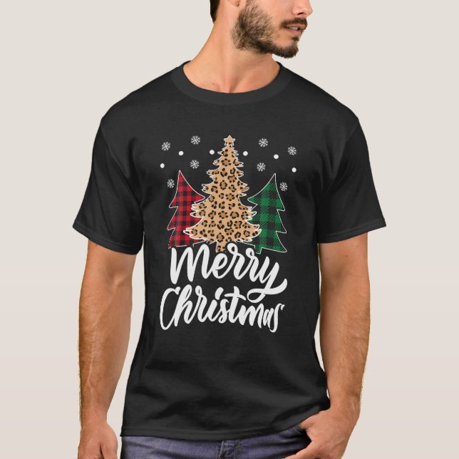 Merry Christmas Tree Leopard Buffalo Plaid Xmas T-Shirt (Front)