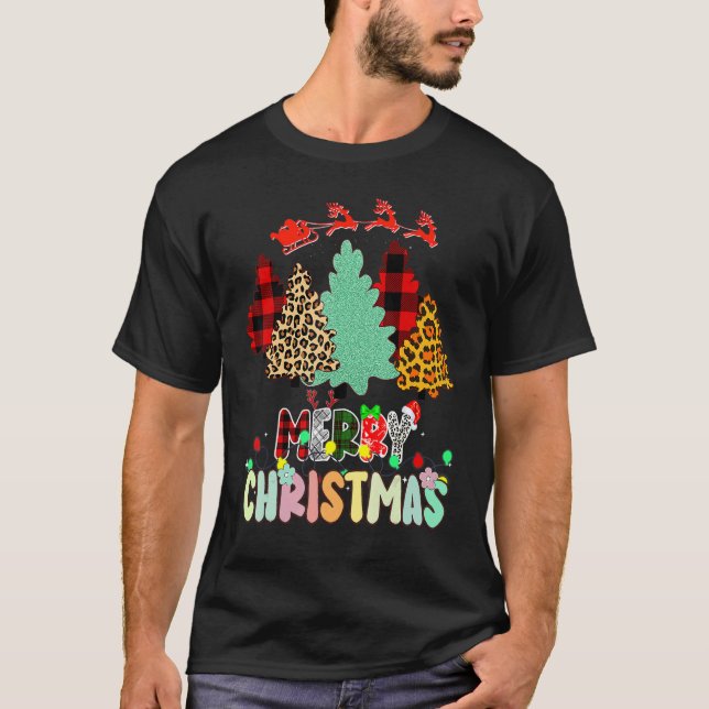 Merry Christmas Tree Leopard Buffalo Red Plaid For T-Shirt (Front)