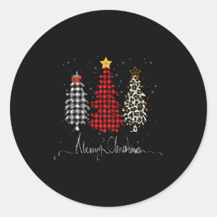 Merry Christmas Tree Leopard Plaid Printed  Classic Round Sticker