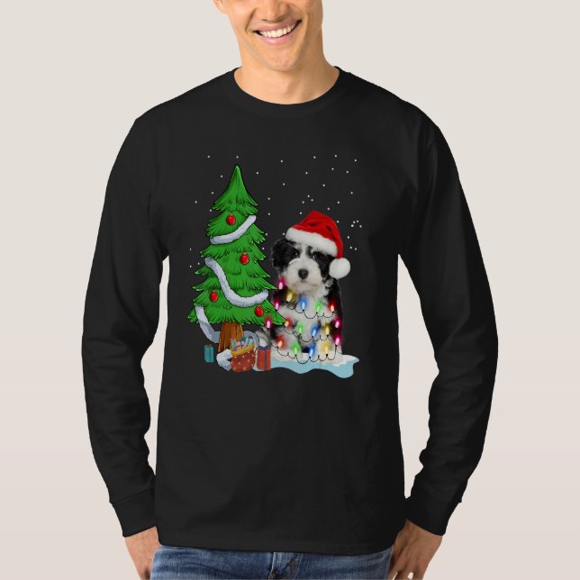 Merry Christmas Tree Light Santa Hat Dog Shih Tzu  T-Shirt (Front)