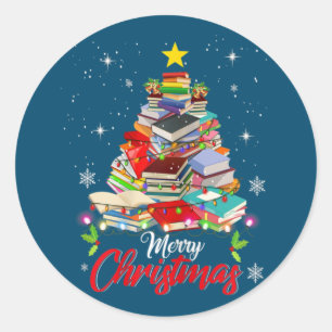 Merry Christmas Tree Love Reading Books Librarian Classic Round Sticker