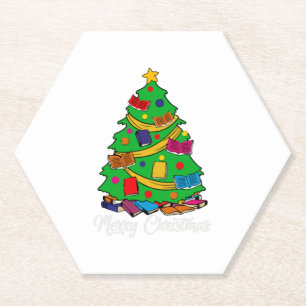 Merry Christmas Tree Love Reading Books Librarian Paper Coaster