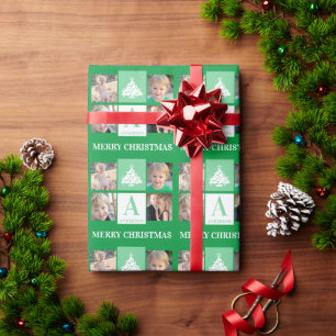 Merry Christmas Tree Monogram Green   4 Photo Wrapping Paper