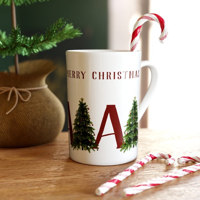 Merry Christmas Tree Monogrammed Festive Holiday Bone China Mug (Merry Christmas! Add your initial and festive message to this slim bone china mug)