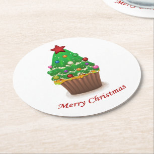 Merry Christmas Tree Muffin Cupcake Round Paper Coaster