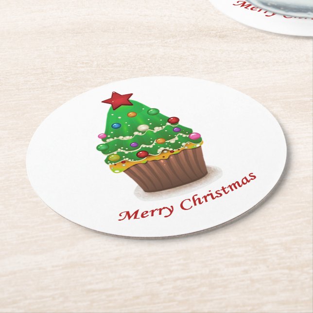 Merry Christmas Tree Muffin Cupcake Round Paper Coaster (Angled)
