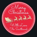 Merry Christmas Tree Name Gold RedSantaSleigh Deer Classic Round Sticker<br><div class="desc">florenceK design</div>