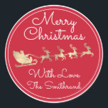 Merry Christmas Tree Name Gold Santa Sleigh Deer Classic Round Sticker<br><div class="desc">florenceK design</div>