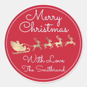 Merry Christmas Tree Name Gold Santa Sleigh Deer Classic Round Sticker