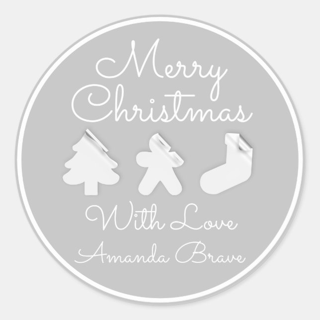 Merry Christmas  Tree Name Grey White Famed Classic Round Sticker (Front)