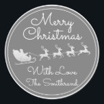 Merry Christmas Tree Name Grey White Silver Sleigh Classic Round Sticker<br><div class="desc">florenceK design</div>