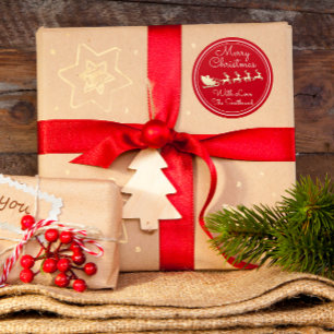 Merry Christmas Tree Name Red Gold Santa Sleigh Classic Round Sticker