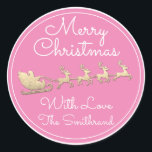 Merry Christmas Tree Name Santa Sleigh Deer Pink Classic Round Sticker<br><div class="desc">florenceK design</div>