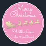 Merry Christmas Tree Name Santa Sleigh Deer Pink Classic Round Sticker<br><div class="desc">florenceK design</div>
