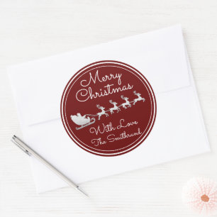 Merry Christmas Tree Name Silver Santa Burgundy Classic Round Sticker