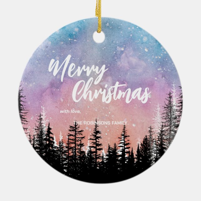 Merry Christmas tree Night gradient script forest  Ceramic Tree Decoration (Back)