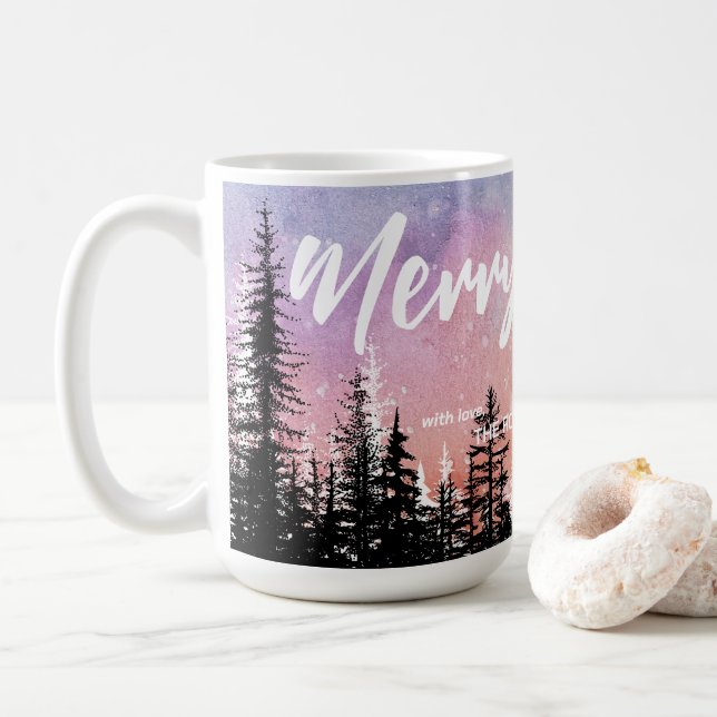 Merry Christmas tree Night gradient script forest  Coffee Mug (With Donut)