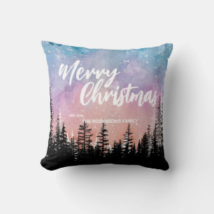 Merry Christmas tree Night gradient script forest Cushion
