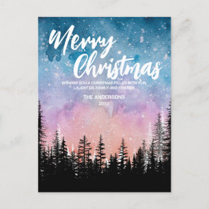 Merry Christmas tree Night gradient script forest Holiday Postcard