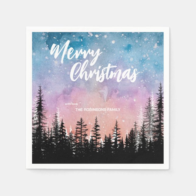 Merry Christmas tree Night gradient script forest  Napkin (Front)